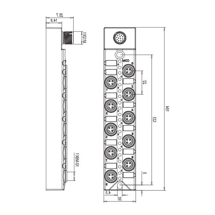 M8 junction box, NPN, 10-port split, LED, M12 integrated interface dock, 23NAS1