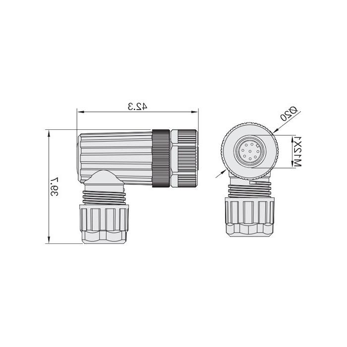 M12 8Pin, female 90°, food grade, screw connection, 64F409